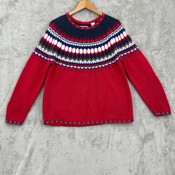 Vintage Red Blue Fair Isle Heavyknit Crewneck Cotton Blend Sweater - Picture 1 of 10